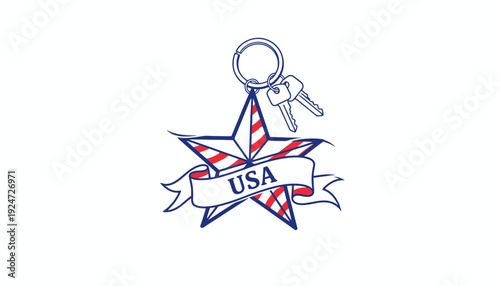 USA Star Keychain with Keys, American Patriotism and Home Ownership Symbol