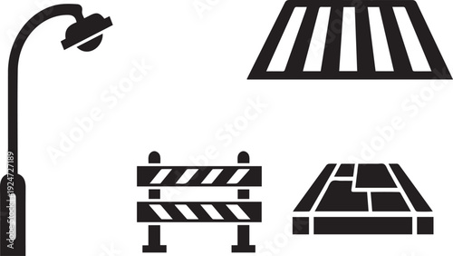 Urban Road Elements: An array of essential urban elements, depicted in striking monochromatic contrast, showcasing a streetlight, zebra crossing, safety barrier, and cobblestone path.