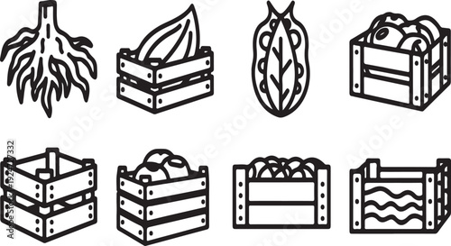 Assorted crates and produce illustrations showcasing various food items and storage solutions Vector