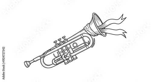 Vintage Trumpet with Flowing Ribbons - Hand-Drawn Illustration