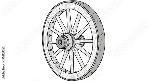 Vintage Wooden Wagon Wheel with Spokes and Hub, Rustic Transportation Element