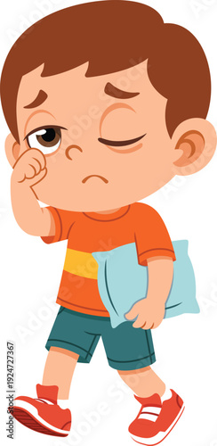 Flat cartoon boy with half closed eyes rubbing one eye and holding a pillow, showing a sleepy tired expression. Ideal for emotion charts, bedtime themes, and kids education materials.