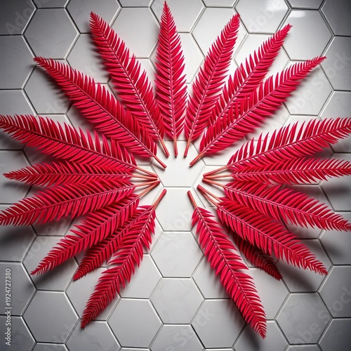 Crimson fronds arranged in a vibrant, symmetrical starburst against minimalist hexagonal tiles,  striking pattern,  green