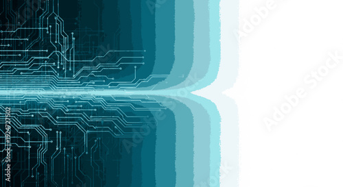 Abstract circuit board design with teal and blue gradient background futuristic technology concept with intricate lines and shapes