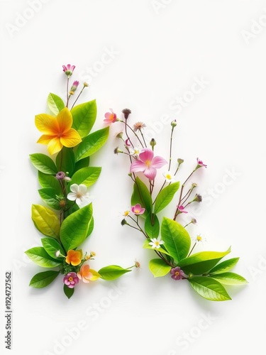 The letter e formed by vibrant green leaves and delicate floral elements, suggesting nature and organic growth,  summer,  natural