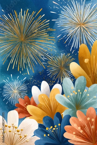 Festive fireworks illuminate a vibrant floral scene against a navy blue night sky with golden sparks
