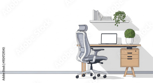 Modern ergonomic office chair and desk setup with laptop and plants.