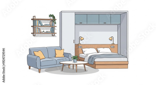 Cozy Studio Apartment Interior Design with Sofa and Bed.