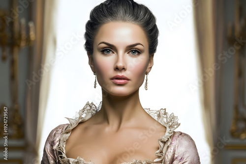 Woman wearing historical fashion in a bright indoor setting with ornate details behind her