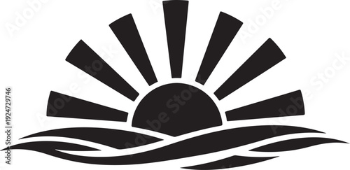Simple black sunrise over wavy ocean graphic design element