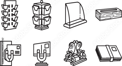 A collection of various office supplies and equipment in black and white. Vector