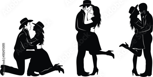 Black silhouette of romantic cowboy and cowgirl collection featuring western couple hugging and marriage proposal isolated on white background cad drawing flat vector illustration