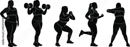 Black silhouette of plus size women exercising including dumbbell overhead press squats and jogging isolated on white background cad drawing flat vector illustration