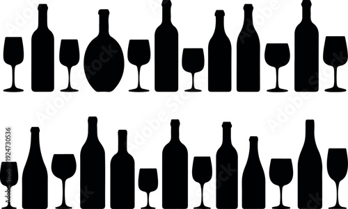 Minimal Wine Bottle and Glass Outline Icon Set Bar and Restaurant Line Art Collection
