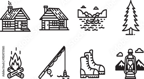 Illustrations of camping, cabins, and outdoor activities Vector