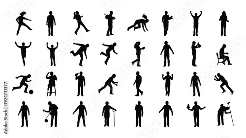 A collection of 30 black silhouettes of people playing sports isolated on white background, Vector