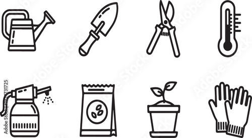 Essential gardening tools and supplies for plant care and maintenance Vector