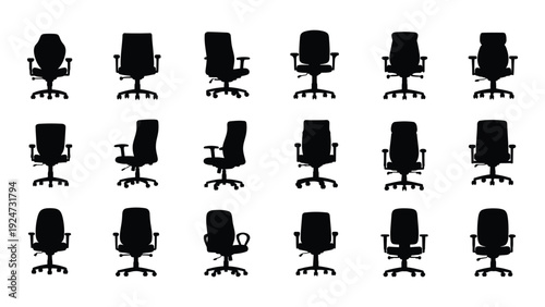 A group of black office chairs on a white background isolated on white background, Vector