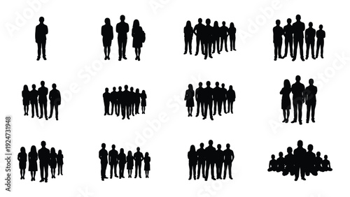 A collection of black silhouettes of people in various group sizes isolated on white background, Vector