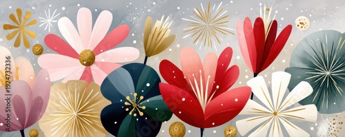 Vibrant abstract flowers and fireworks on a light gray background for celebrations and decor