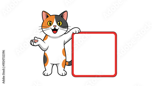 Happy calico cat standing and pointing towards a blank white square board with a red frame suitable for custom text or advertisement.