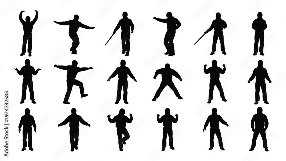 Fototapeta premium A group of black silhouettes of people in various poses isolated on white background, Vector