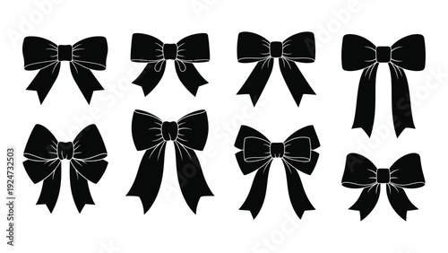 A collection of seven black bows with decorative centers isolated on white background, Vector