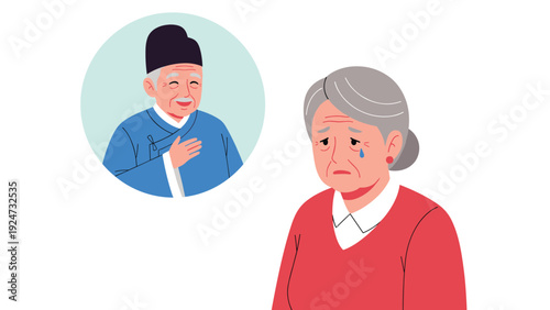 Sad elderly woman shedding a tear while remembering an elderly man in a circle dressed in traditional blue Korean hanbok clothing.