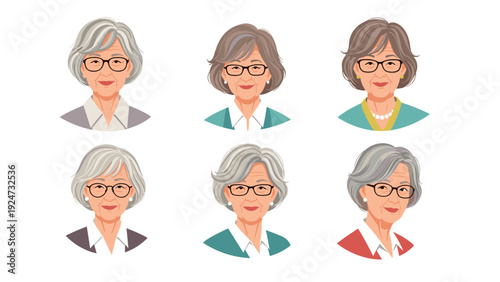 Detailed set of elderly woman portraits with various hairstyles, glasses, and outfits showing her expressions and style as a grandmother.