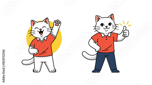 Two white cat characters wearing red polo shirts and blue pants where one is waving its paw and the other is giving a happy thumbs up.