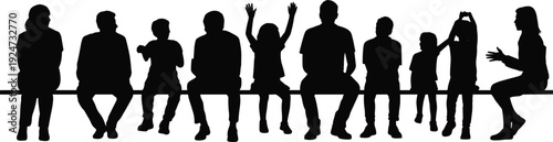Children and adults sitting silhouettes on bench isolated on white background, diverse family and kids group vector illustration for community, school and social concepts