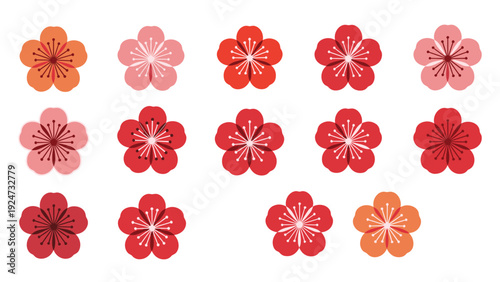 Collection of plum blossom flower icons in different shades of red and pink arranged neatly in rows on a plain white background.