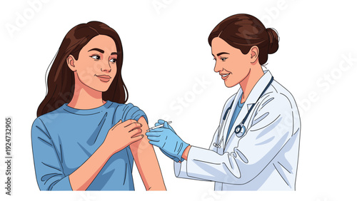 Female doctor in a white lab coat administering a vaccine injection to a young woman who is smiling and looking at her.