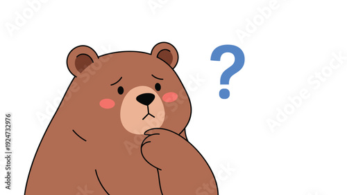 Confused brown bear character thinking deeply with a hand on its chin and a blue question mark floating above its head.