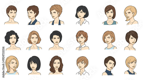 Diverse collection of female avatar head icons featuring a wide range of hairstyles, colors, and facial expressions.