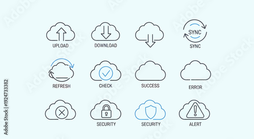 Cloud computing icons set with various actions and statuses in line style