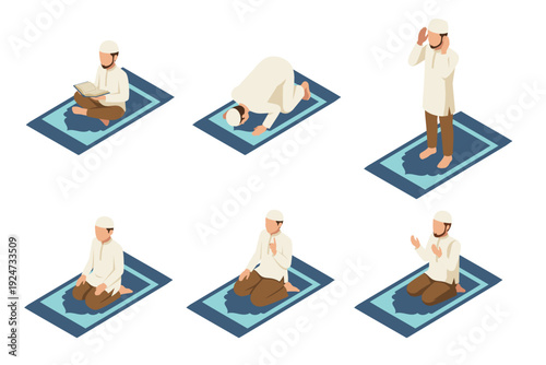 Islamic Religion Daily Prayer Isometric Character Illustration