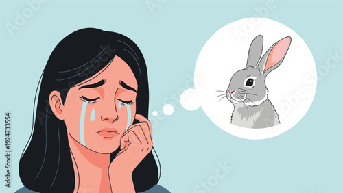 Grieving young woman crying and thinking about her pet grey rabbit shown in a thought bubble for pet bereavement.