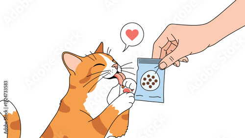 Human hand offering a delicious treat to a happy orange tabby cat that is licking its lips with love and affection.