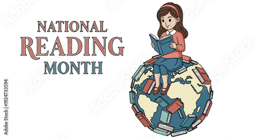A cheerful young girl sits on top of a globe surrounded by books, reading a book during National Reading Month with a celebratory mood.