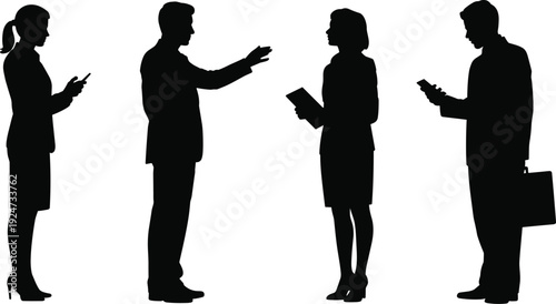 Black silhouettes of a diverse group of professional business people and a multi generational family walking standing and sitting isolated on a white background