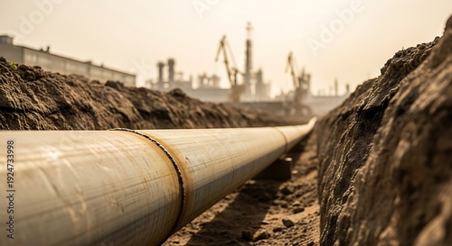 Large pipeline buried in dirt trench with industrial background at sunset.