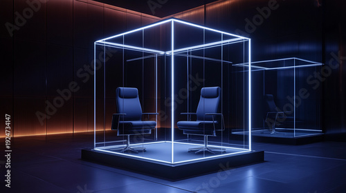 Futuristic glass cube office with chairs in neon lighting