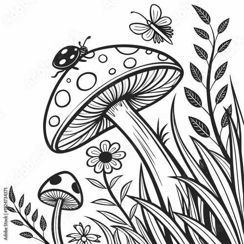 Detailed black and white illustration of a whimsical forest scene with a large mushroom, ladybug, butterfly, flowers, and leaves.
