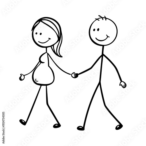 Vector cartoon stick figure drawing conceptual illustration of couple of man and pregnant woman walking together and holding hands.
