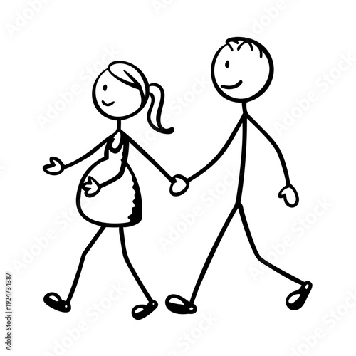 Vector cartoon stick figure drawing conceptual illustration of couple of man and pregnant woman walking together and holding hands.