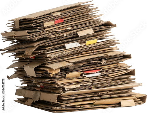 A large messy pile of used flattened corrugated cardboard boxes and scraps is stacked unevenly ready for recycling or disposal waste paper material brown texture industrial