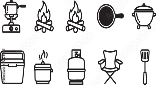 Camping equipment and cooking tools illustrated in simple icons Vector