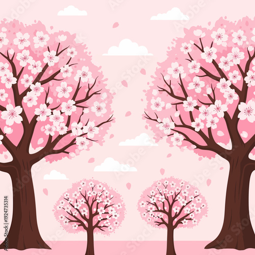 A beautiful illustration of cherry blossom trees with pink flowers and falling petals under a soft pink sky with white clouds, depicting spring.