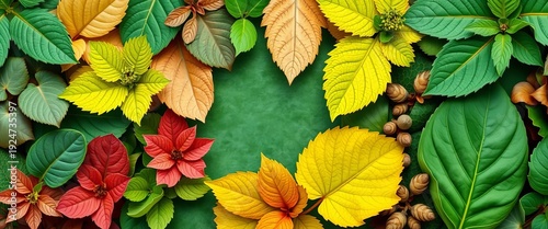 Vibrant green leaves arranged in an artistic collage, showcasing diverse textures and shapes, leaf texture, background